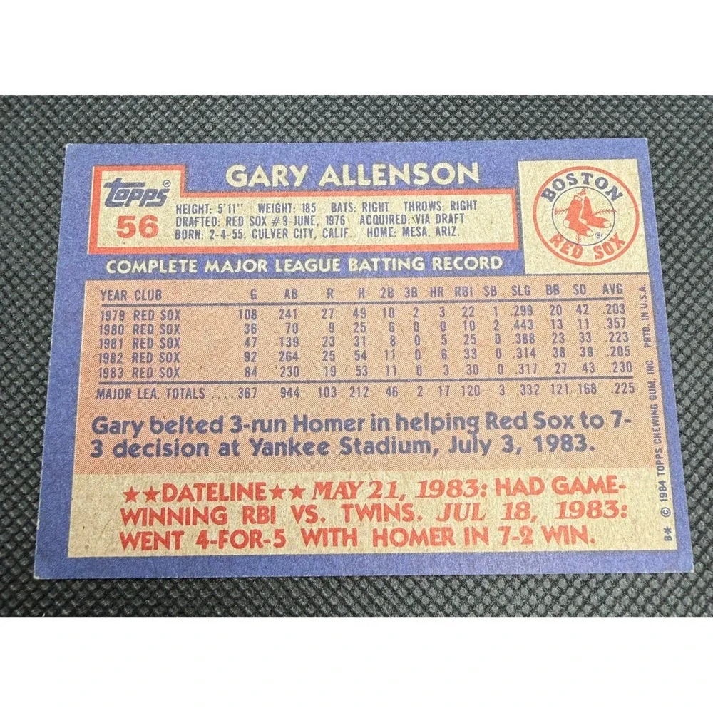 1984 Topps Gary Allenson 56 Boston Red Sox Hand Signed Autograph Baseball Card - Picture 4 of 6